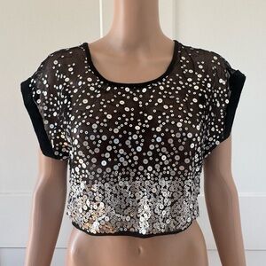 Joyce Leslie Black Mesh Silver Sequins Cropped Dolman Short Sleeves Blouse XS S